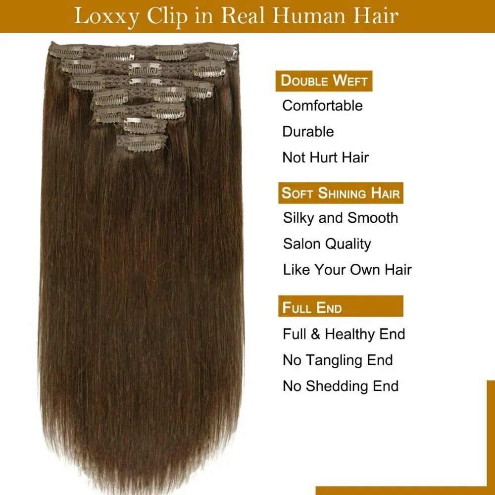 Clip in Hair Extensions Human Hair 18 Inches Thick Straight Brown 7pcs